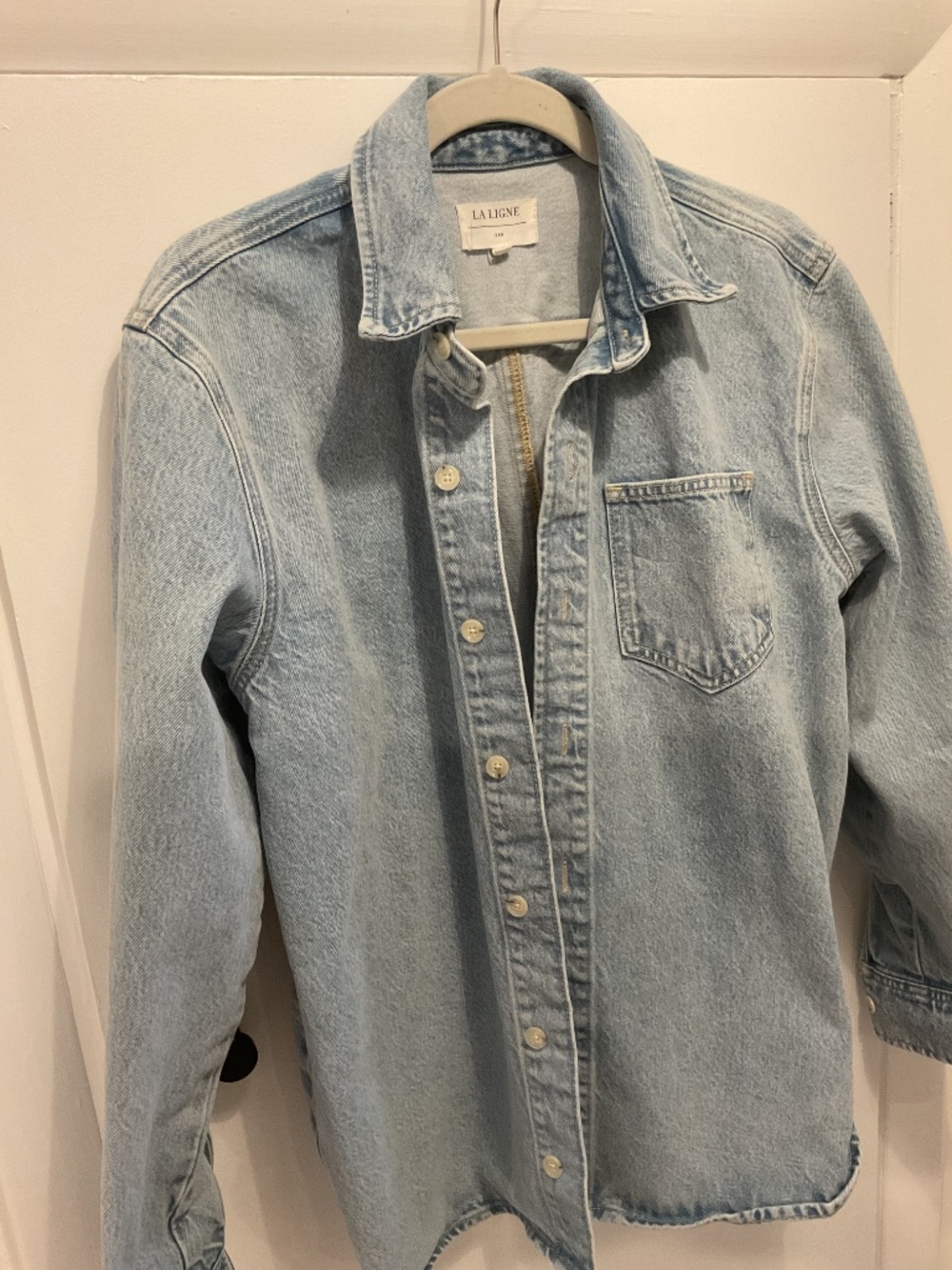 La Ligne Relaxed Fit Distressed Denim Jacket, Size Small, Light Denim Color - Picture 3 of 5